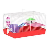 PawHut Jaula Hámster Completa con Plataforma Caseta Comedero Bebedero Rueda Ejercicio 47x30x27cm Blanco Rojo Aosom España