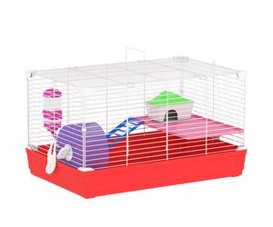 PawHut Jaula Hámster Completa con Plataforma Caseta Comedero Bebedero Rueda Ejercicio 47x30x27cm Blanco Rojo Aosom España