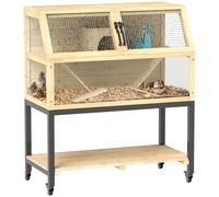 PawHut Jaula Madera para Hámster Enano Natural 87x43x101 cm | Jaula para roedores con estante, botella de agua, cabaña, balancines, ruedas, rampas