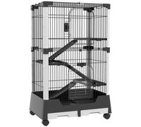 PawHut Jaula para Animales Pequeños con Ruedas 114x75x50 cm Valla para Mascotas con 3 Plataformas 3 Rampas Bandejas Extraíbles para Hurones Conejos Negro