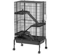 PawHut Jaula para Animales Pequeños de 4 Niveles Jaula para Roedores con Ruedas Rampas Cuenco Botella de Agua y Bandeja Extraíble Recinto para Conejos Chinchillas Hurones Cobayo 69x44x120 cm Negro