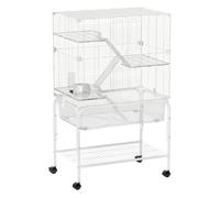 PawHut Jaula para Animales Pequeños de 4 Niveles con Ruedas Jaula para Roedores con Bandeja Profunda Rampas Plataformas Comedero y Bebedero Recinto para Chinchillas Hurones Hámster 73x47x123 cm Blanco