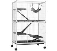 PawHut Jaula para Animales Pequeños de 4 Niveles Jaula para Roedores con Ruedas Rampas Hamaca Colgante y Bandeja Extraíble Recinto para Conejos Chinchillas Hurones 80x52x128 cm Blanco