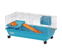 PawHut Jaula para Animales Pequeños, Jaula para Roedores con Ruedas, Botella de Agua, Comedero, Dispensador de Heno, Plataforma, Rampa, Bandeja Extraíble, para Conejos y Cobayas, 89x44x43 cm, Azul