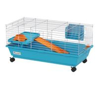 PawHut Jaula para Animales Pequeños Ruedas Jaula Conejo 89x44x43 cm Azul | para Roedores, Botella de Agua, Comedero, Dispensador de Heno, Plataforma, Rampa, Bandeja Extraíble, para Cobayas