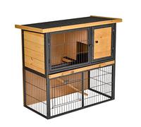 PawHut Jaula para Conejos de 2 Niveles, de Madera Maciza, con Puerta con Cierre, 89,5 x 45 x 81 cm, Color Amarillo Claro