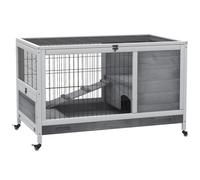 PawHut Jaula para Conejos de Madera 90x53x59 cm Conejera para Mascotas Pequeñas Portátil Interior con Techo Abrible Rampa Bandeja Extraíble para Conejillos de Indias Gris Claro y Blanco Aosom España