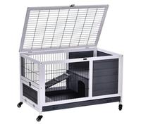 Conejera de Madera Mascotas Jaula para Conejos Color Gris y Blanco 90x53x59 cm Hecha de Madera de Abeto PawHut Aosom España