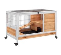 PawHut Jaula para Conejos de Madera Conejera para Mascotas Pequeñas Portátil Interior con Techo Abrible Rampa Bandeja Extraíble para Conejillos de Indias 90x53x59 cm Madera Natural