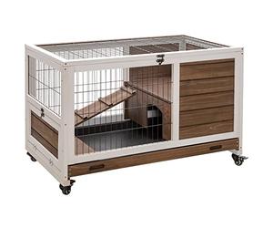 PawHut Jaula para Conejos de Madera Conejera para Mascotas Pequeñas Portátil Interior con Techo Abrible Rampa Bandeja Extraíble para Conejillos de Indias 90x53x59 cm Marrón