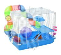 PawHut Jaula para Hámster 46x30x37 cm Casa para Hámster con Tubos Comedero Bebedero Rampa Rueda de Ejercicio y Asa Portátil para Interior y Exterior Azul y Blanco