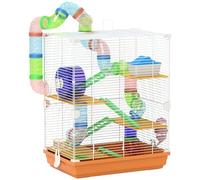 PawHut Jaula para Hámster 46x30x58 cm Casa para Animales Pequeños con Túnel Plataformas Cuenco Bebedero Casita Rampas y Rueda de Ejercicio Naranja