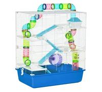 PawHut Jaula para Hámster 59x36x69 cm Casa para Animales Pequeños con Túnel Plataformas Cuenco Bebedero Casita Rampas y Rueda de Ejercicio Azul