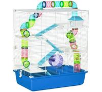 PawHut Jaula para Hámster 59x36x69 cm Casa para Animales Pequeños con Túnel Plataformas Cuenco Bebedero Casita Rampas y Rueda de Ejercicio Azul