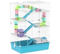 PawHut Jaula para Hámster 6 Niveles 58x36x81 cm con Túnel 5 Plataformas Casita Rueda de Ejercicio Cuenco Bebedero Azul Claro