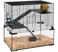 PawHut Jaula para Hámster Casa para Animales Pequeños 60x40x54,5 cm Negro | Fondo de Vidrio, Plataformas, Cuenco, Bebedero, Casita, Rampas, Rueda de Ejercicio