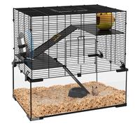 PawHut Jaula para Hámster Casa para Animales Pequeños con Fondo de Vidrio Plataformas Cuenco Bebedero Casita Rampas y Rueda de Ejercicio 60x40x54,5 cm Negro