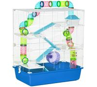 PawHut Jaula para Hámster Casa para Animales Pequeños con Túnel Plataformas Cuenco Bebedero Casita Rampas Rueda de Ejercicio 59x36x69 cm Azul