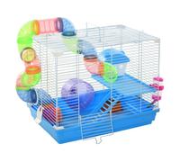 PawHut Jaula para Hámster 46x30x37 cm Casa para Hámster con Tubos Comedero Bebedero Rampa Rueda de Ejercicio y Asa Portátil para Interior y Exterior Azul y Blanco