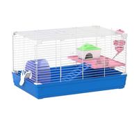 Pawhut jaula para hámster, casa para roedores pequeños con rueda de ejercicio, cuenco, bebedero, casita, rampas, plataforma, bandeja extraíble, para jerbos, 47x30x27 cm, azul