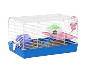 PawHut Jaula para Hámster, Casa para Roedores Pequeños con Rueda de Ejercicio, Cuenco, Bebedero, Casita, Rampas, Plataforma, Bandeja Extraíble, para Jerbos, 47x30x27 cm, Azul
