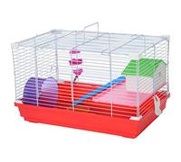 PawHut Jaula para Hámster Casita para Hámster 47x30x27 cm con Piso Comedero Bebedero Rampa Rueda de Ejercicio para Animales Pequeños Blanco y Rojo