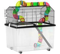 PawHut Jaula para hámster con bandeja de 31 cm de profundidad, jaula para jerbos de 2 niveles con sistema de tubos, botella de agua, rampa, cuenco de alimentación, 58 x 43 x 57 cm, multicolor