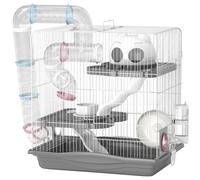 PawHut Jaula para Hámster con Túnel Plataformas Cuenco Bebedero Casita Rampas y Rueda de Ejercicio 45x30x45 cm Gris