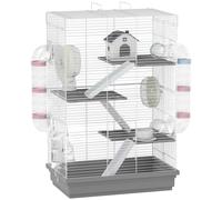 PawHut Jaula para Hámster con Túnel Plataformas Cuenco Bebedero Casita Rampas y Rueda de Ejercicio 47x30x70 cm Gris