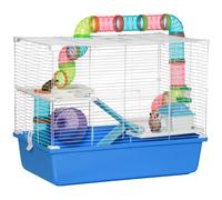 PawHut Jaula para Hámster con Túneles, Casita y Rueda, 59x36x47cm, Azul y Blanco