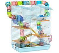 PawHut Jaula para Hámster de 5 Niveles, 47x30x59 cm, Casa para Animales Pequeños con Túnel, Comedero, Bebedero, Casita, Rueda de Ejercicio, Escaleras, para Ratas y Jerbos, Azul Claro