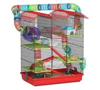 PawHut Jaula para Hámster de 5 Niveles, 47x30x59 cm, Casa para Animales Pequeños con Túnel, Comedero, Bebedero, Casita, Rueda de Ejercicio, Escaleras, para Ratas y Jerbos, Rojo