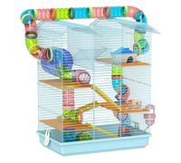 PawHut Jaula para Hámster de 5 Niveles, 47x30x59 cm, Casa para Animales Pequeños con Túnel, Comedero, Bebedero, Casita, Rueda de Ejercicio, Escaleras, para Ratas y Jerbos, Azul Claro