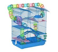 PawHut Jaula para Hámster de 5 Niveles, 47x30x59 cm, Casa para Animales Pequeños con Túnel, Comedero, Bebedero, Casita, Rueda de Ejercicio, Escaleras, para Ratas y Jerbos, Azul