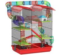 PawHut Jaula para Hámster de 5 Niveles 47x30x59 cm con Túnel Comedero Bebedero Casita Rueda de Ejercicio Escaleras Rojo Aosom España