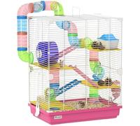 PawHut Jaula para Hámster de 5 Niveles, Casa para Roedores Pequeños con Túnel, Plataformas, Cuenco, Bebedero, Casita, Rampas y Rueda de Ejercicio, para Jerbos, 46x30x58cm Rosa