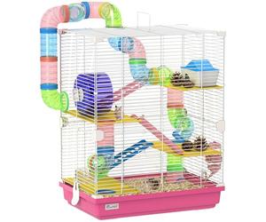 PawHut Jaula para Hámster de 5 Niveles, Casa para Roedores Pequeños con Túnel, Plataformas, Cuenco, Bebedero, Casita, Rampas y Rueda de Ejercicio, para Jerbos, 46x30x58cm Rosa