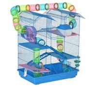 PawHut Jaula para Hámster de 5 Niveles con Túnel 47x30x59 cm Azul | Casa para Animales Pequeños, Comedero y Bebedero, Casita, Rueda de Ejercicio, Escaleras, para Roborowski, Jerbos