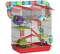 PawHut Jaula para Hámster de 5 Niveles con Túnel 47x30x59 cm Rojo | Casa para Animales Pequeños, Comedero y Bebedero, Casita, Rueda de Ejercicio, Escaleras, para Roborowski, Jerbos