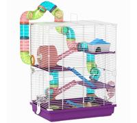 PawHut Jaula para hámster de 5 Niveles, transportable para jerbos Púrpura | Hábitat animal, ruedas de ejercicio, tubo de juego, botella de agua, platos, casa, escalera