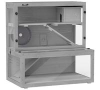 PawHut Jaula para Hámster de Madera 3 Niveles con Casita Rueda Rampas Panel Transparente Espacios Separados 80x50x84 cm Gris Aosom España