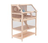 PawHut Jaula para hámster de madera 3 niveles Jaula para roedores con base desmontable, estante, rueda, balancín, rampa, casita 80x53x117cm Madera natural Aosom España