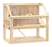 PawHut Jaula para Hámster de Madera 3 Nivles con Base Desmontable Profundo Balancín Rueda de Ejercicio Rampas Casita Natural
