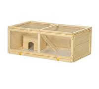 PawHut Jaula para Hámster de Madera con Techo Abatible Panel de Acrílico Bandeja Extraíble y Cabaña 100x58x38 cm Natural