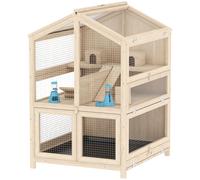 PawHut Jaula para Hámster de Madera de 3 Niveles con Bebederos Casetas Balancines Bandeja Extraíble y Tapas Abatibles Natural