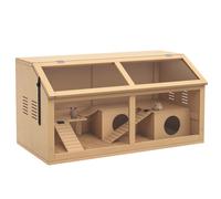 PawHut Jaula para Hámster de Madera Grande 85x45x44 cm Tapa Abatible Puente Colgante Casita Rampas para Jerbos Enanos Natural