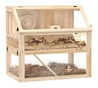 PawHut - Jaula para hámster de Madera, Jaula roedor de 3 Niveles, Base extraíble para una fácil Limpieza, Tapa Abierta, cabaña, Columpio, Rueda de Ejercicio y rampas, 80 x 50 x 76 cm, Madera Natural