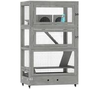 PawHut Jaula para hámster enano de cuatro pisos en madera, con casas, columpio, cuencos de comida, rampas, ruedas, 65 x 45 x 109 cm, Gris