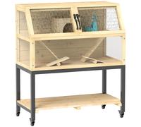 PawHut Jaula para Hámster Enano de Madera con Estante, Ruedas, Rampas, Botella de Agua, Caseta, 87x43x101 cm Aosom España