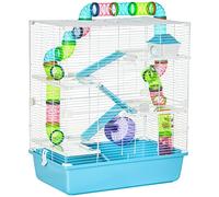 PawHut Jaula para Hámster Grande 59x36x69 cm Casa para Hámster con 4 Plataformas Tubos Comedero Bebedero 4 Rampas Rueda de Ejercicio y 2 Asas Portátiles Azul Celeste